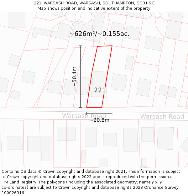 221, WARSASH ROAD, WARSASH, SOUTHAMPTON, SO31 9JE: Plot and title map