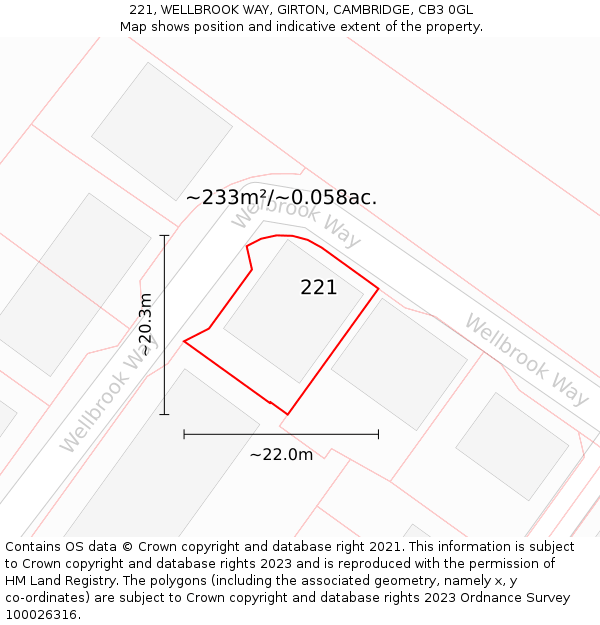 221, WELLBROOK WAY, GIRTON, CAMBRIDGE, CB3 0GL: Plot and title map