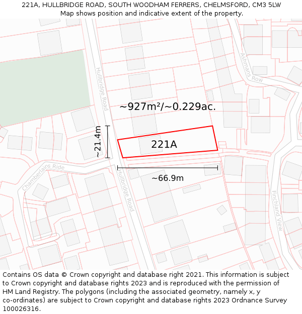 221A, HULLBRIDGE ROAD, SOUTH WOODHAM FERRERS, CHELMSFORD, CM3 5LW: Plot and title map