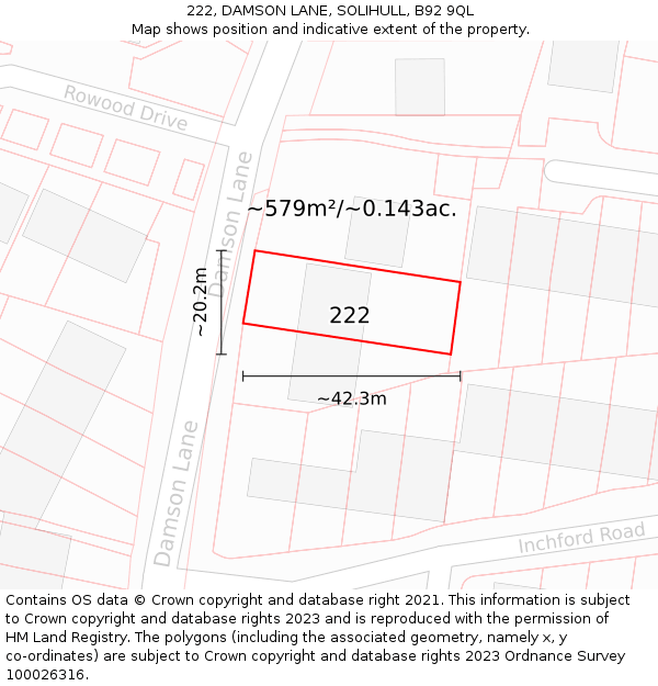 222, DAMSON LANE, SOLIHULL, B92 9QL: Plot and title map