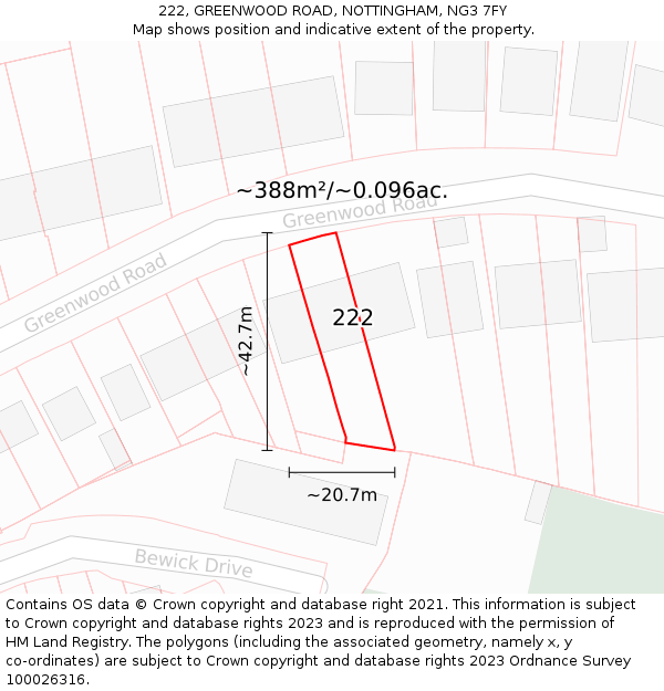 222, GREENWOOD ROAD, NOTTINGHAM, NG3 7FY: Plot and title map