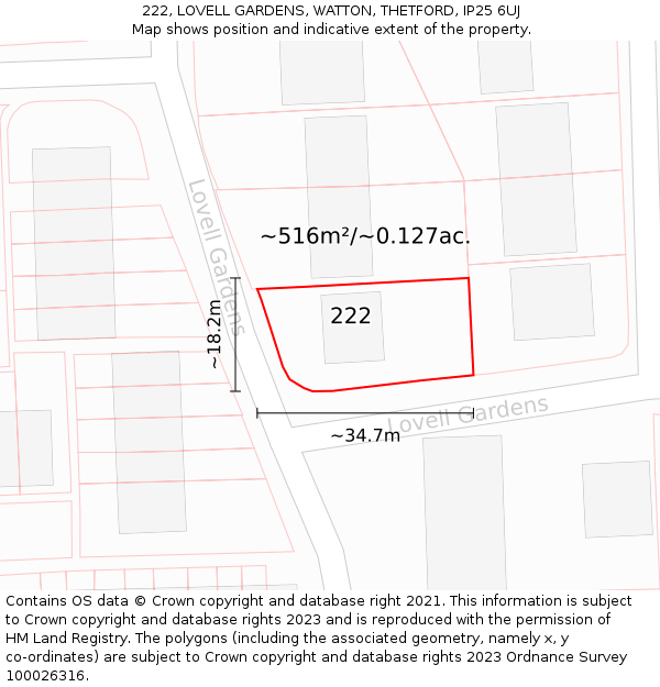 222, LOVELL GARDENS, WATTON, THETFORD, IP25 6UJ: Plot and title map