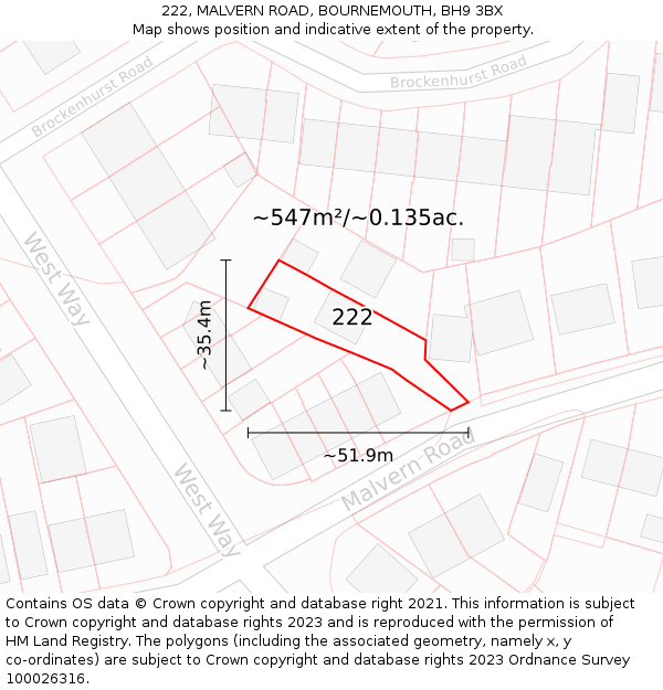 222, MALVERN ROAD, BOURNEMOUTH, BH9 3BX: Plot and title map