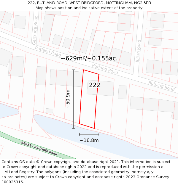 222, RUTLAND ROAD, WEST BRIDGFORD, NOTTINGHAM, NG2 5EB: Plot and title map