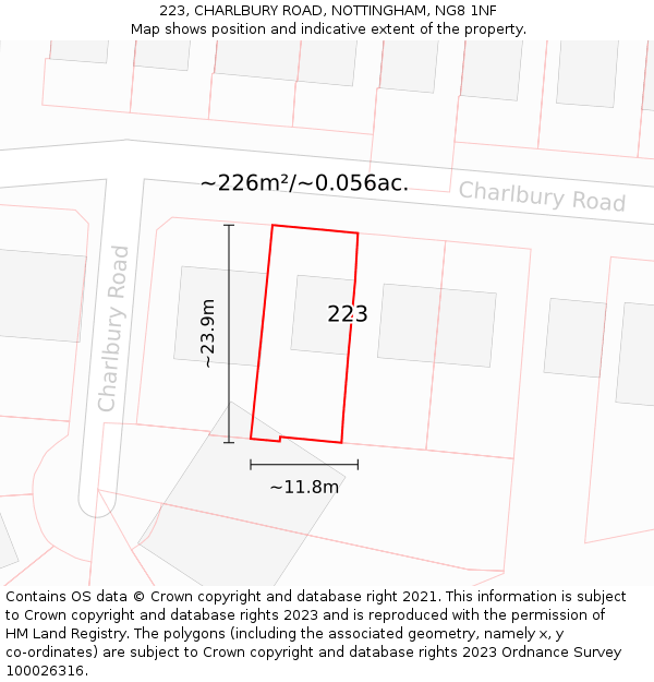 223, CHARLBURY ROAD, NOTTINGHAM, NG8 1NF: Plot and title map