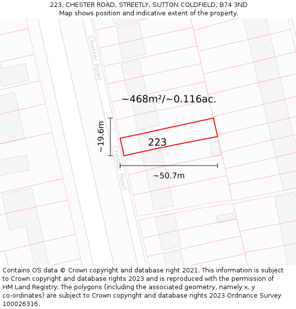 223, CHESTER ROAD, STREETLY, SUTTON COLDFIELD, B74 3ND: Plot and title map
