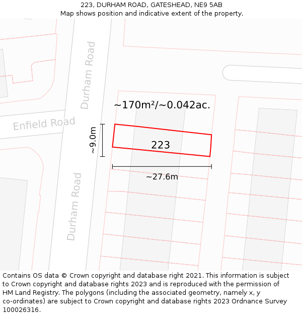 223, DURHAM ROAD, GATESHEAD, NE9 5AB: Plot and title map