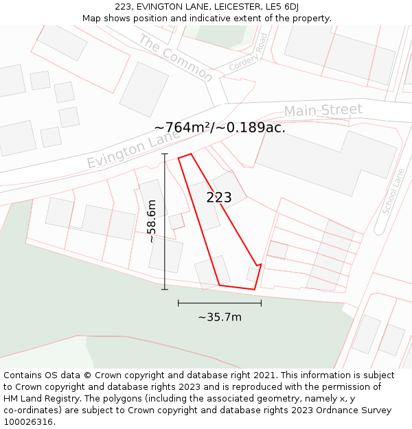 223, EVINGTON LANE, LEICESTER, LE5 6DJ: Plot and title map