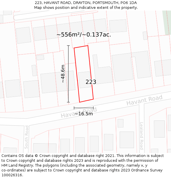 223, HAVANT ROAD, DRAYTON, PORTSMOUTH, PO6 1DA: Plot and title map