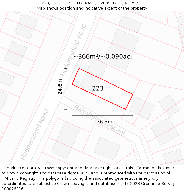 223, HUDDERSFIELD ROAD, LIVERSEDGE, WF15 7PL: Plot and title map