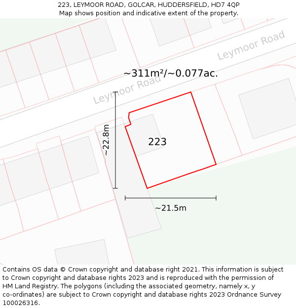 223, LEYMOOR ROAD, GOLCAR, HUDDERSFIELD, HD7 4QP: Plot and title map