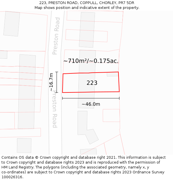 223, PRESTON ROAD, COPPULL, CHORLEY, PR7 5DR: Plot and title map