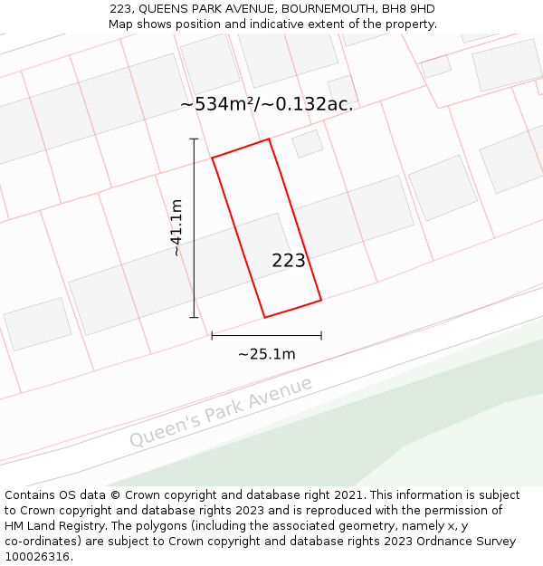 223, QUEENS PARK AVENUE, BOURNEMOUTH, BH8 9HD: Plot and title map