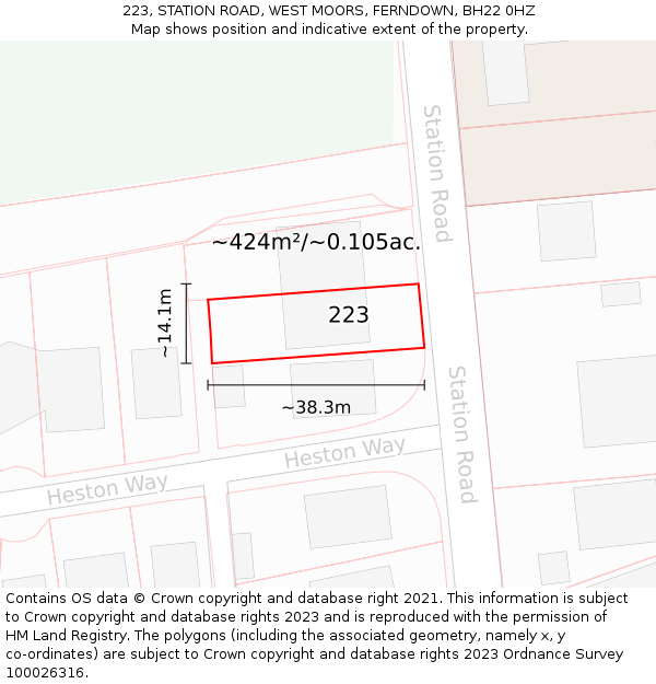 223, STATION ROAD, WEST MOORS, FERNDOWN, BH22 0HZ: Plot and title map