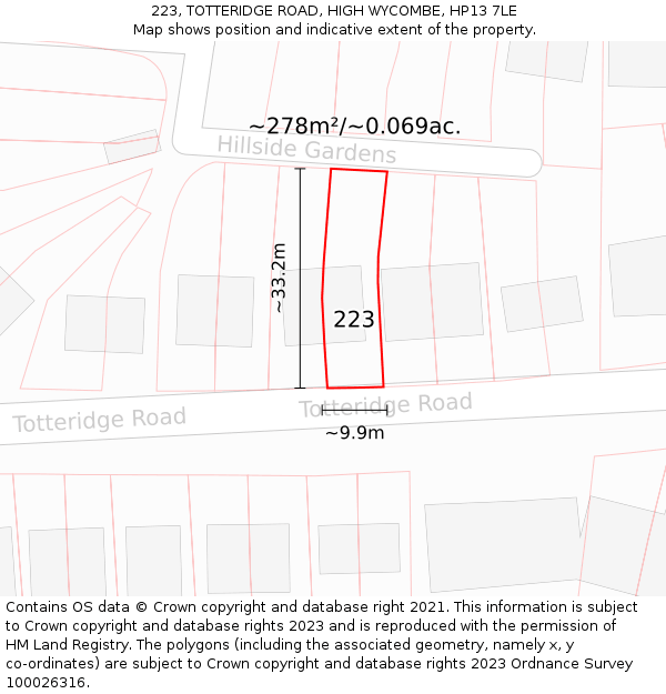 223, TOTTERIDGE ROAD, HIGH WYCOMBE, HP13 7LE: Plot and title map