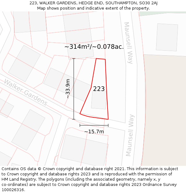 223, WALKER GARDENS, HEDGE END, SOUTHAMPTON, SO30 2AJ: Plot and title map