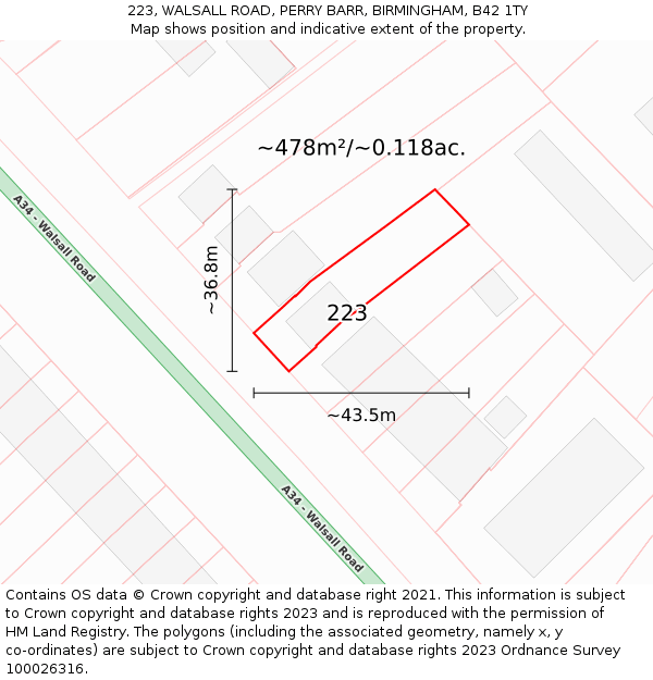 223, WALSALL ROAD, PERRY BARR, BIRMINGHAM, B42 1TY: Plot and title map