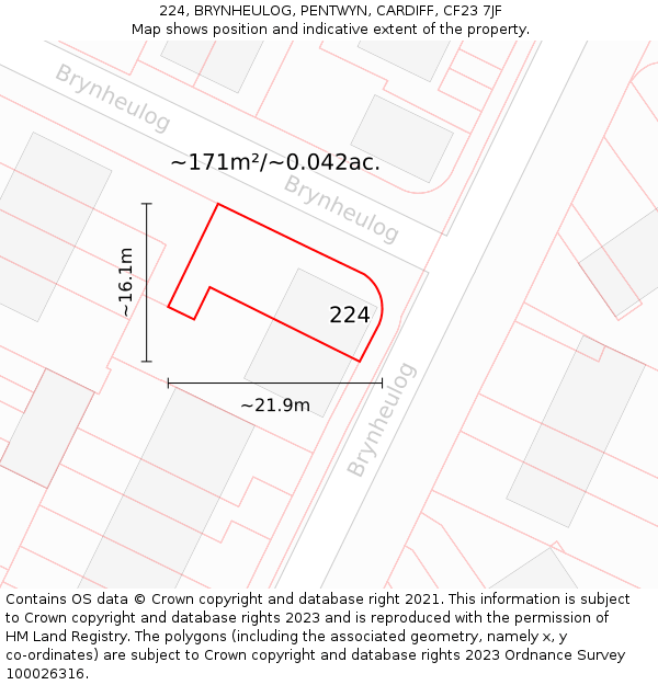 224, BRYNHEULOG, PENTWYN, CARDIFF, CF23 7JF: Plot and title map