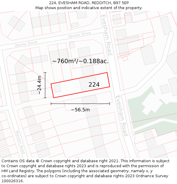 224, EVESHAM ROAD, REDDITCH, B97 5EP: Plot and title map