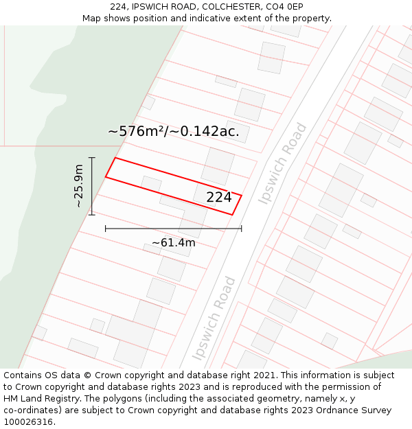 224, IPSWICH ROAD, COLCHESTER, CO4 0EP: Plot and title map