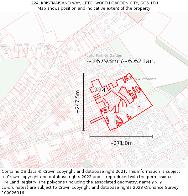 224, KRISTIANSAND WAY, LETCHWORTH GARDEN CITY, SG6 1TU: Plot and title map