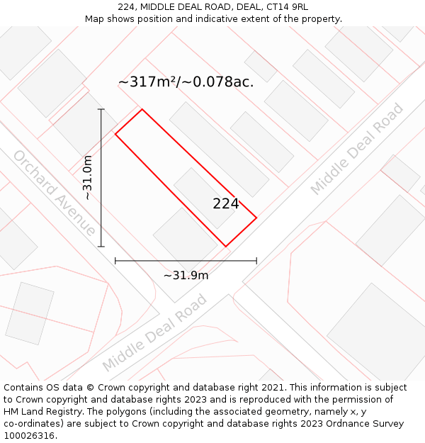 224, MIDDLE DEAL ROAD, DEAL, CT14 9RL: Plot and title map