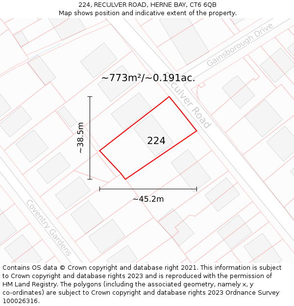 224, RECULVER ROAD, HERNE BAY, CT6 6QB: Plot and title map