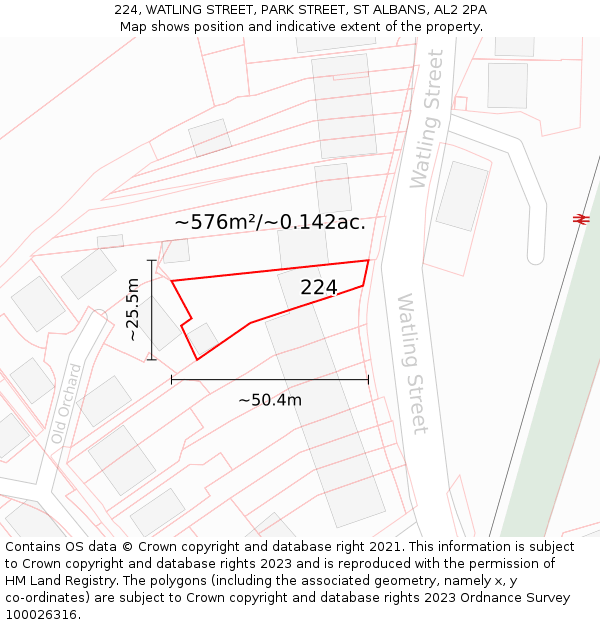 224, WATLING STREET, PARK STREET, ST ALBANS, AL2 2PA: Plot and title map