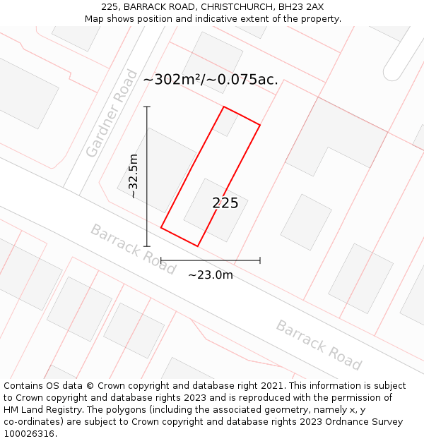 225, BARRACK ROAD, CHRISTCHURCH, BH23 2AX: Plot and title map