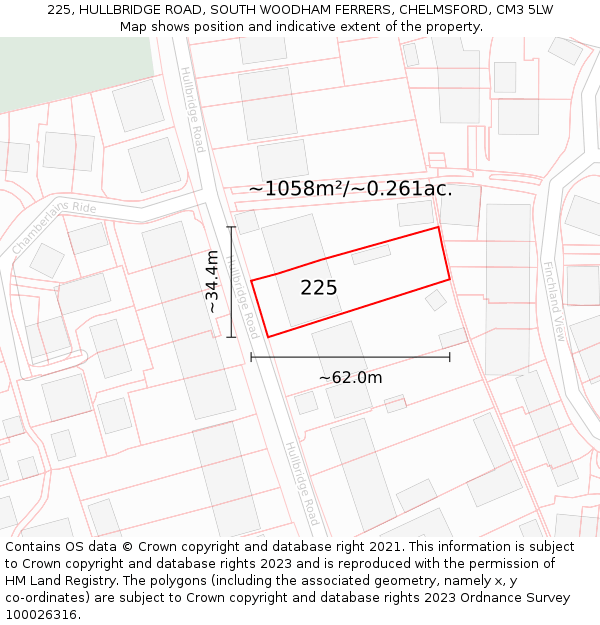 225, HULLBRIDGE ROAD, SOUTH WOODHAM FERRERS, CHELMSFORD, CM3 5LW: Plot and title map