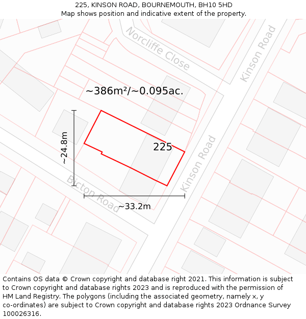 225, KINSON ROAD, BOURNEMOUTH, BH10 5HD: Plot and title map