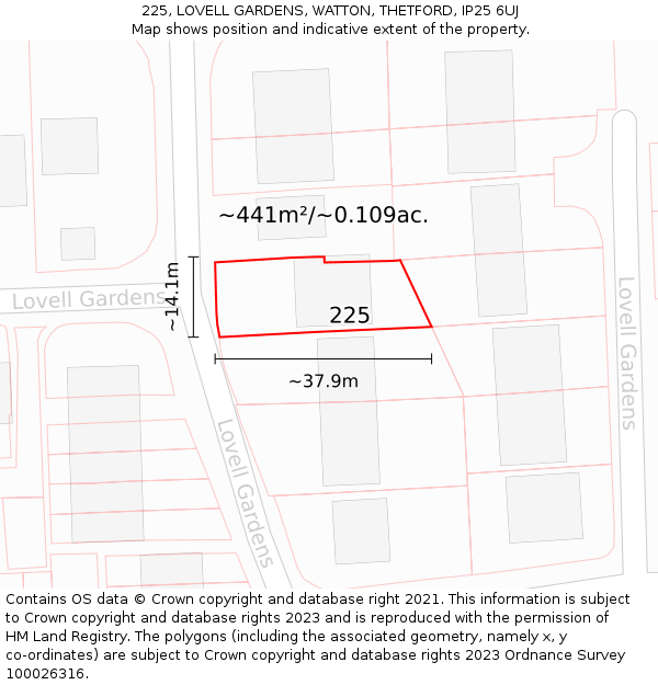 225, LOVELL GARDENS, WATTON, THETFORD, IP25 6UJ: Plot and title map