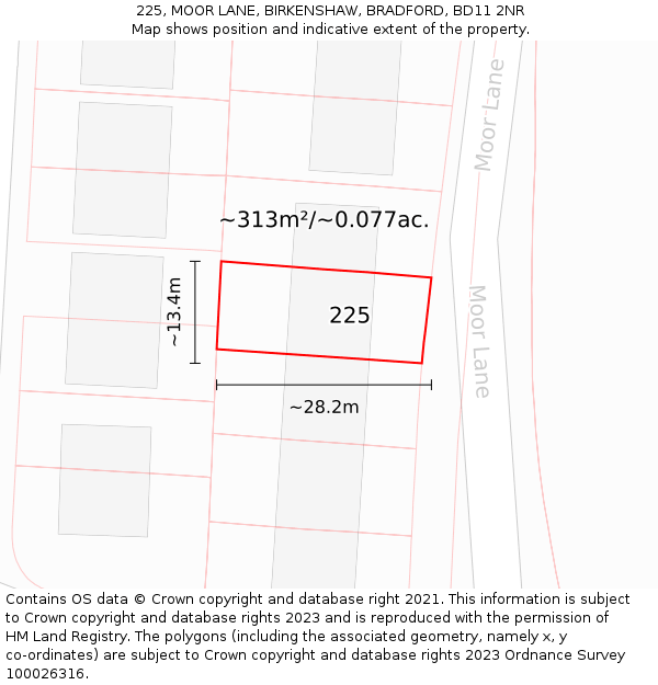 225, MOOR LANE, BIRKENSHAW, BRADFORD, BD11 2NR: Plot and title map