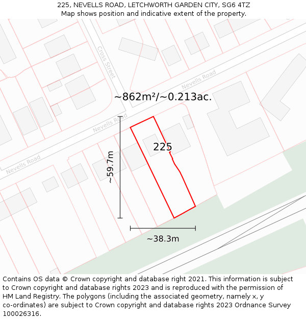 225, NEVELLS ROAD, LETCHWORTH GARDEN CITY, SG6 4TZ: Plot and title map