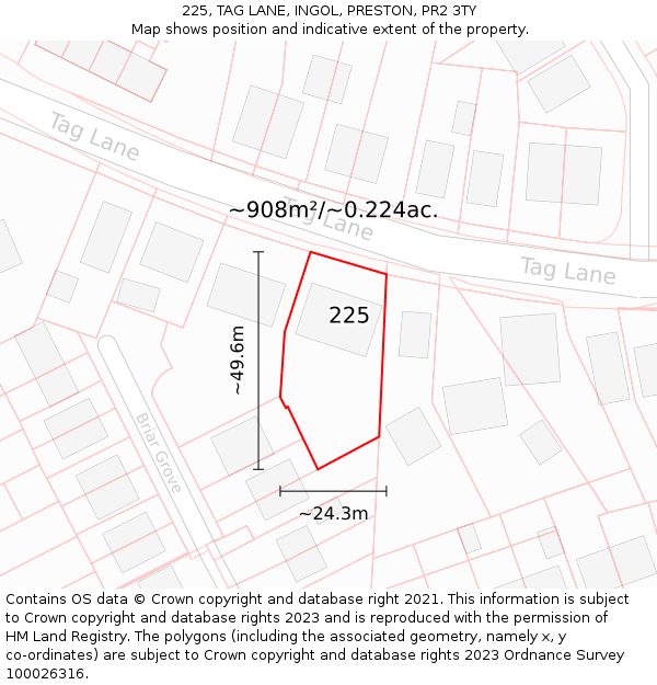 225, TAG LANE, INGOL, PRESTON, PR2 3TY: Plot and title map