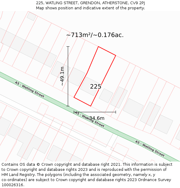 225, WATLING STREET, GRENDON, ATHERSTONE, CV9 2PJ: Plot and title map