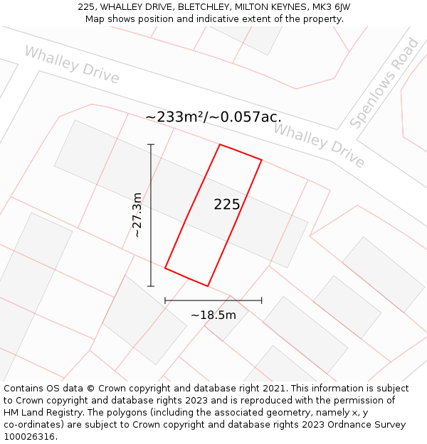 225, WHALLEY DRIVE, BLETCHLEY, MILTON KEYNES, MK3 6JW: Plot and title map