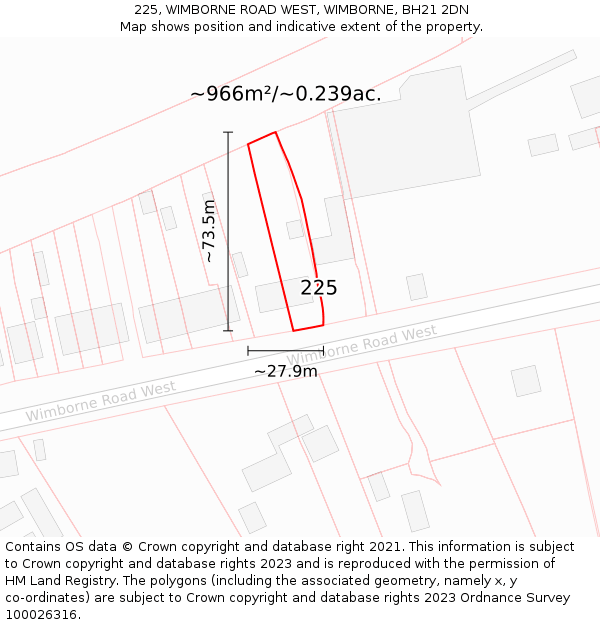 225, WIMBORNE ROAD WEST, WIMBORNE, BH21 2DN: Plot and title map