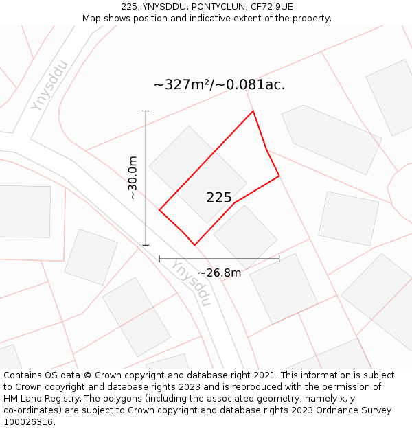 225, YNYSDDU, PONTYCLUN, CF72 9UE: Plot and title map
