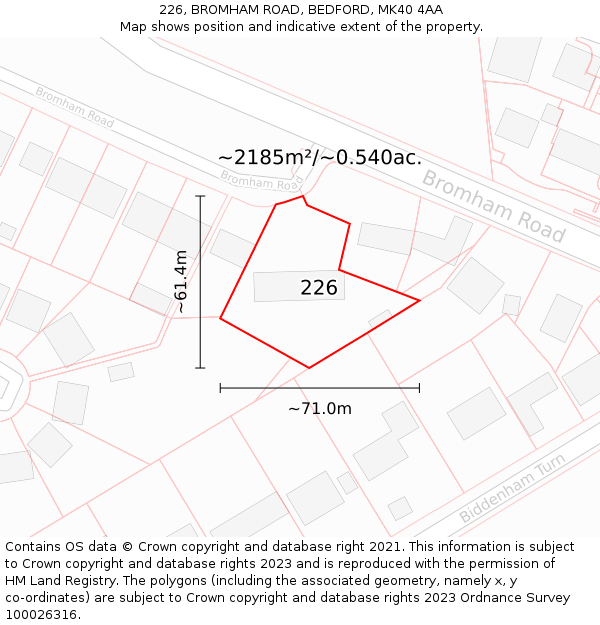 226, BROMHAM ROAD, BEDFORD, MK40 4AA: Plot and title map