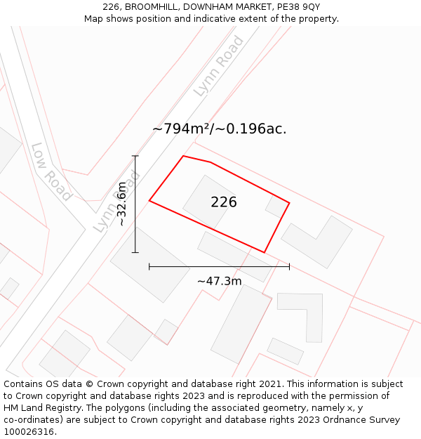 226, BROOMHILL, DOWNHAM MARKET, PE38 9QY: Plot and title map