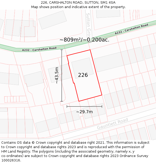 226, CARSHALTON ROAD, SUTTON, SM1 4SA: Plot and title map