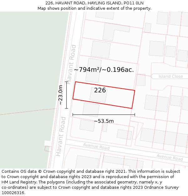 226, HAVANT ROAD, HAYLING ISLAND, PO11 0LN: Plot and title map