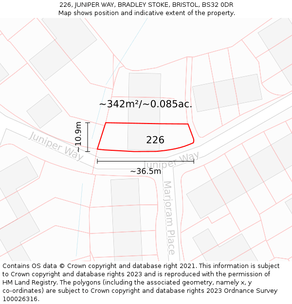 226, JUNIPER WAY, BRADLEY STOKE, BRISTOL, BS32 0DR: Plot and title map