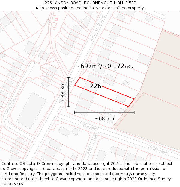 226, KINSON ROAD, BOURNEMOUTH, BH10 5EP: Plot and title map