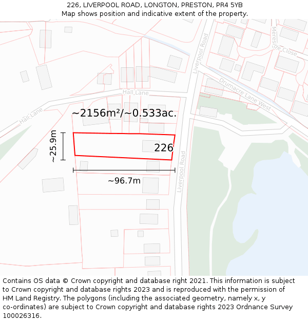 226, LIVERPOOL ROAD, LONGTON, PRESTON, PR4 5YB: Plot and title map