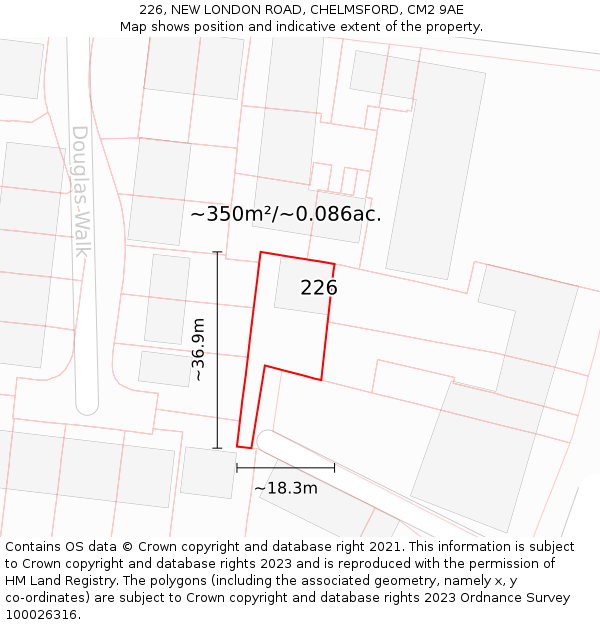 226, NEW LONDON ROAD, CHELMSFORD, CM2 9AE: Plot and title map