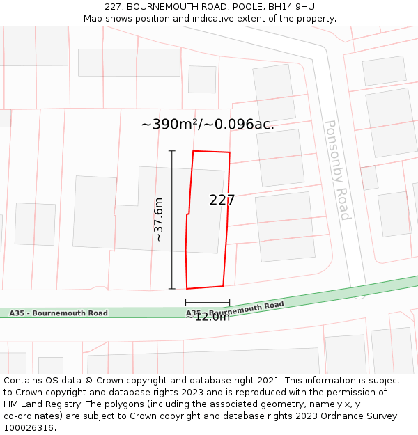 227, BOURNEMOUTH ROAD, POOLE, BH14 9HU: Plot and title map