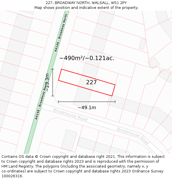 227, BROADWAY NORTH, WALSALL, WS1 2PY: Plot and title map