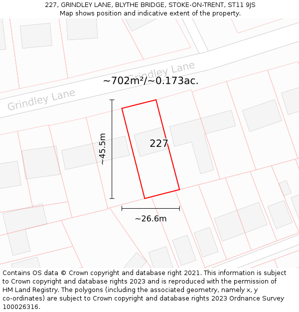 227, GRINDLEY LANE, BLYTHE BRIDGE, STOKE-ON-TRENT, ST11 9JS: Plot and title map